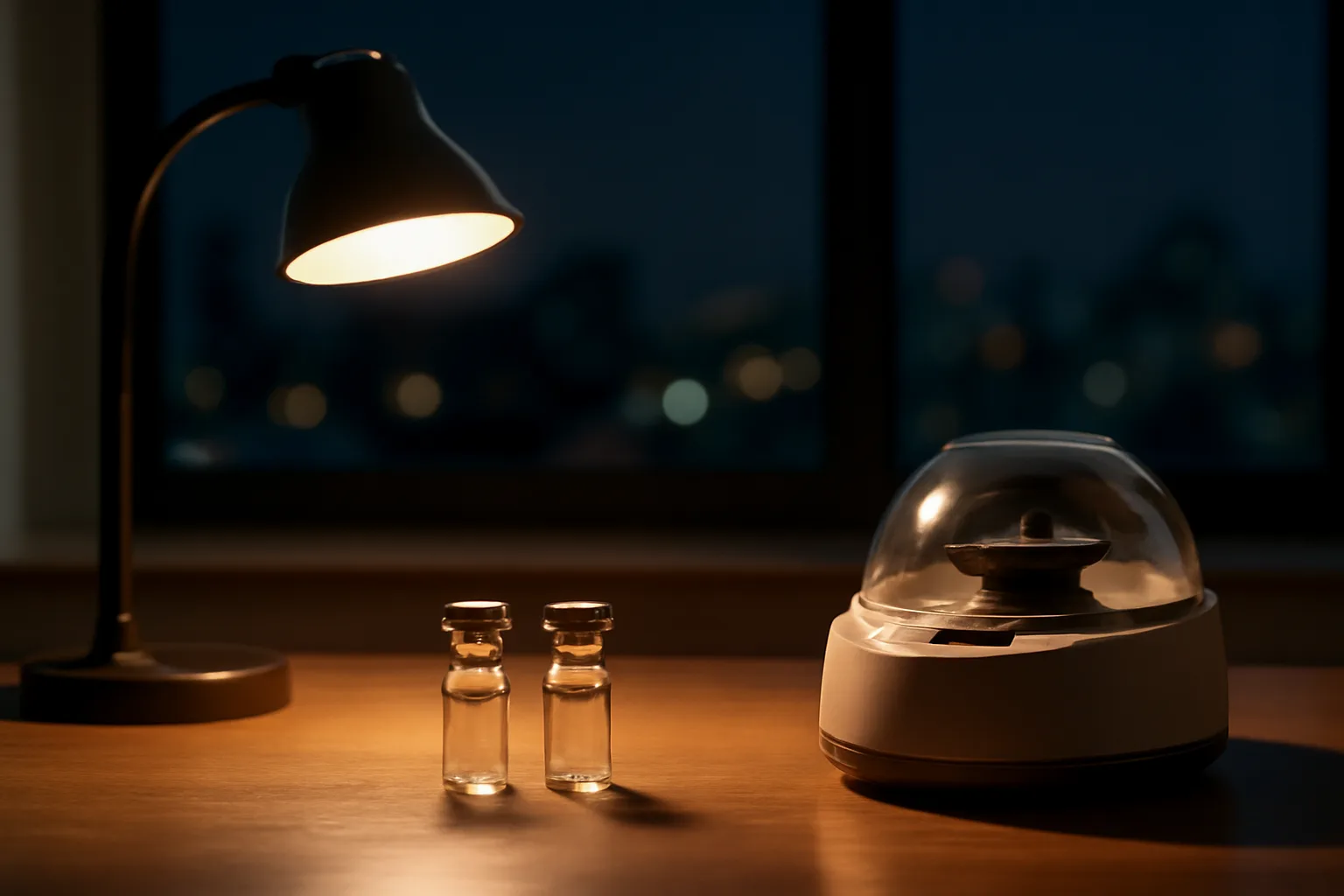 Two unlabeled research vials on a desk at night, representing DSIP vs epitalon comparison
