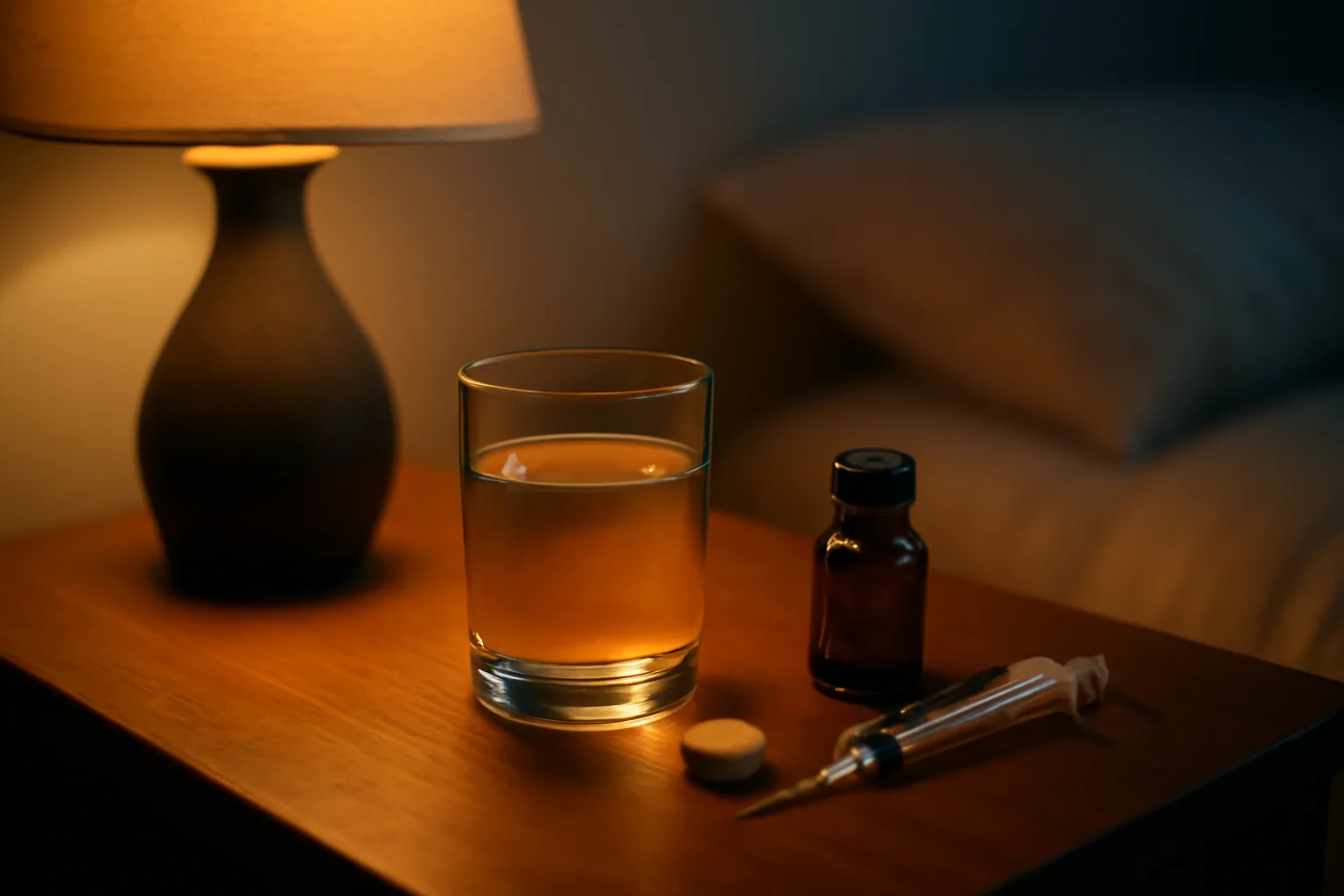 Nightstand scene comparing a magnesium supplement bottle and a research peptide vial