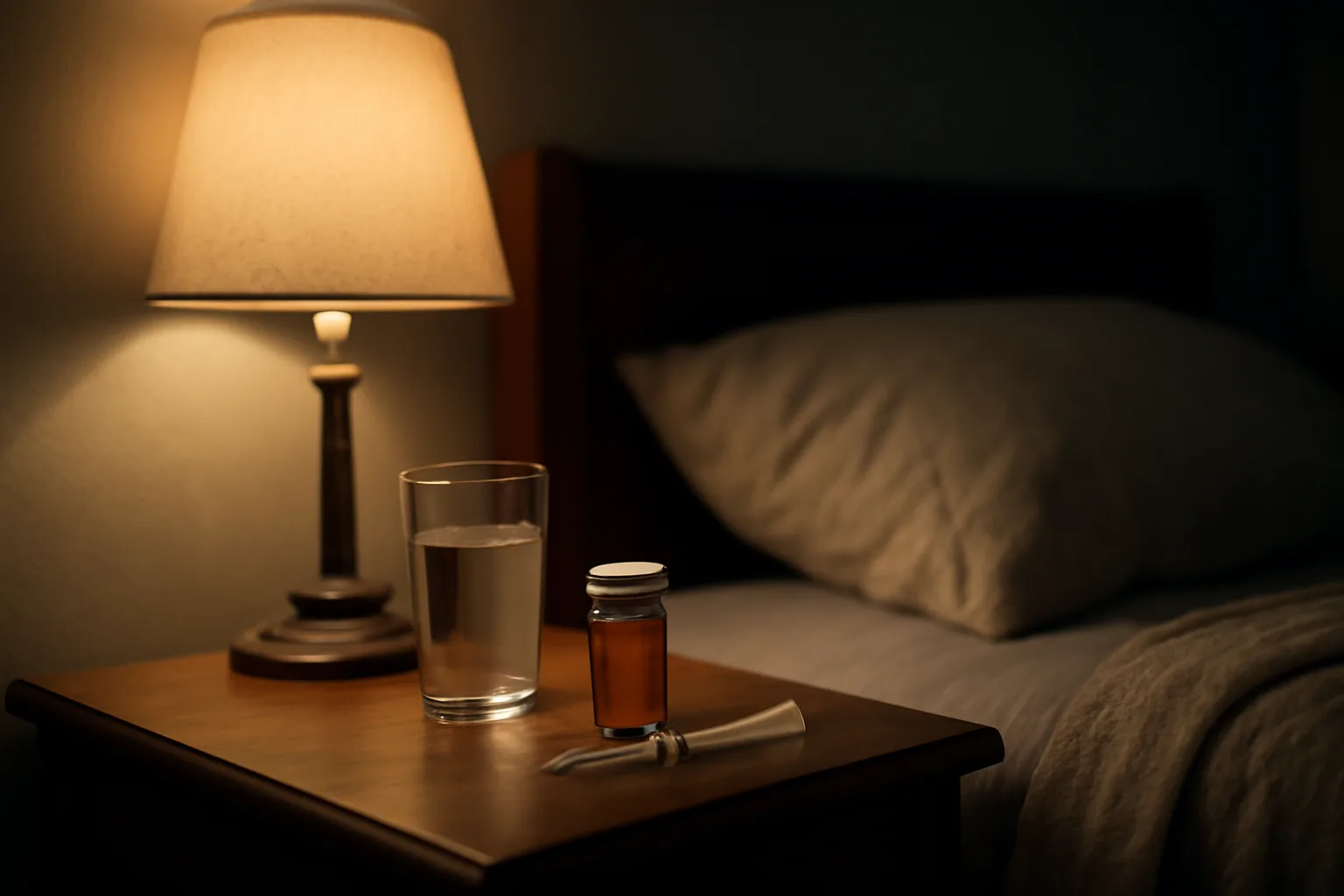 Nightstand at night comparing a prescription bottle with a peptide vial and syringe