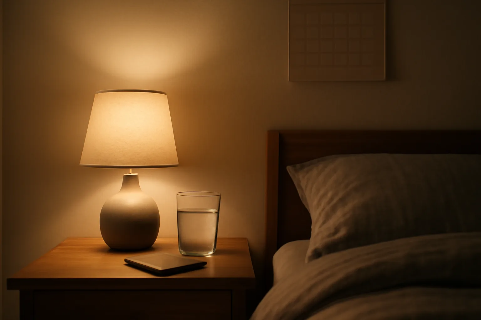 Nightstand scene with lamp and notebook suggesting a DSIP cycle length tracking routine