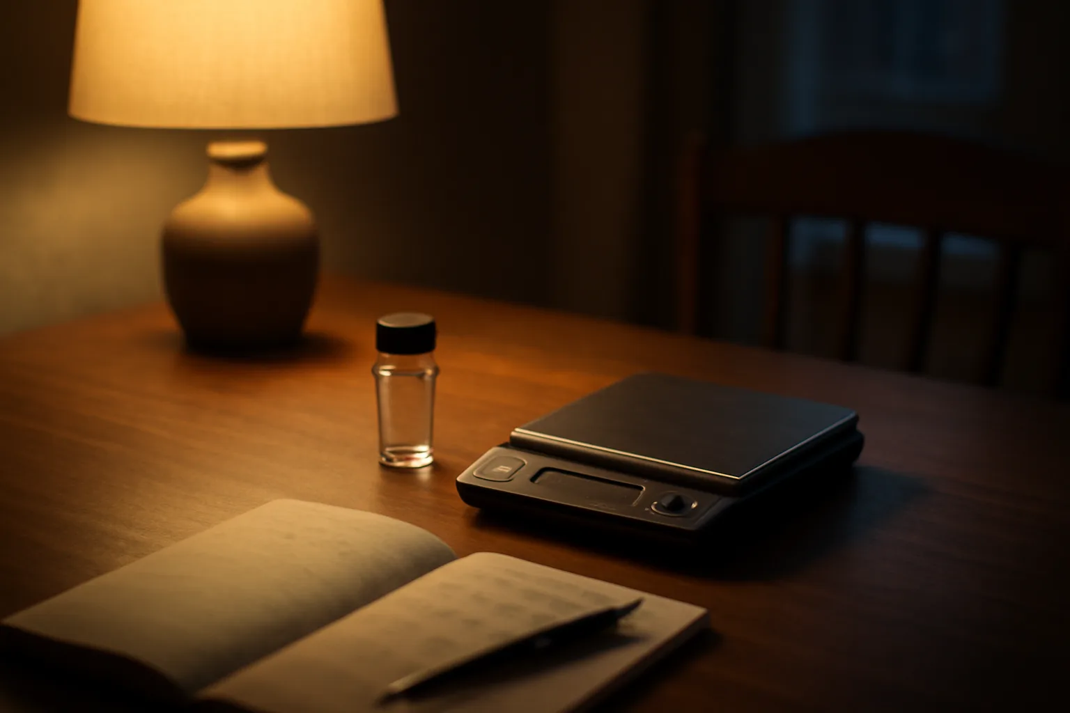 Desk scene at night representing careful DSIP dosage calculation research setup