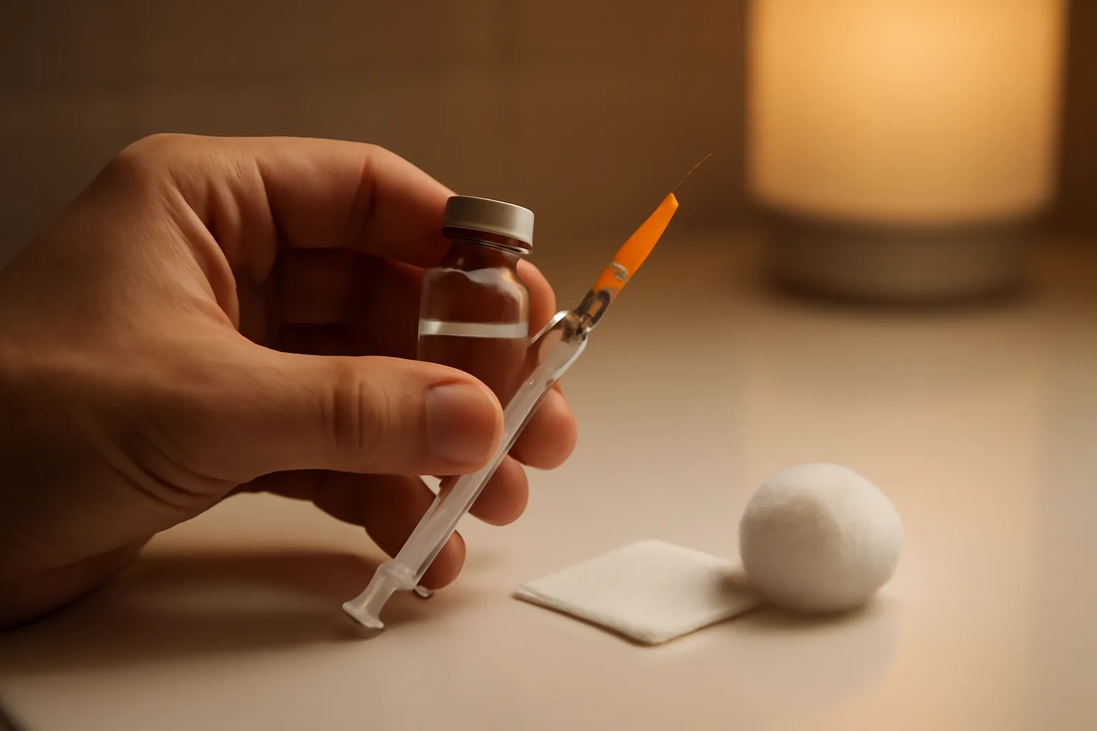 Hand preparing an insulin syringe and vial for a subcutaneous injection at night