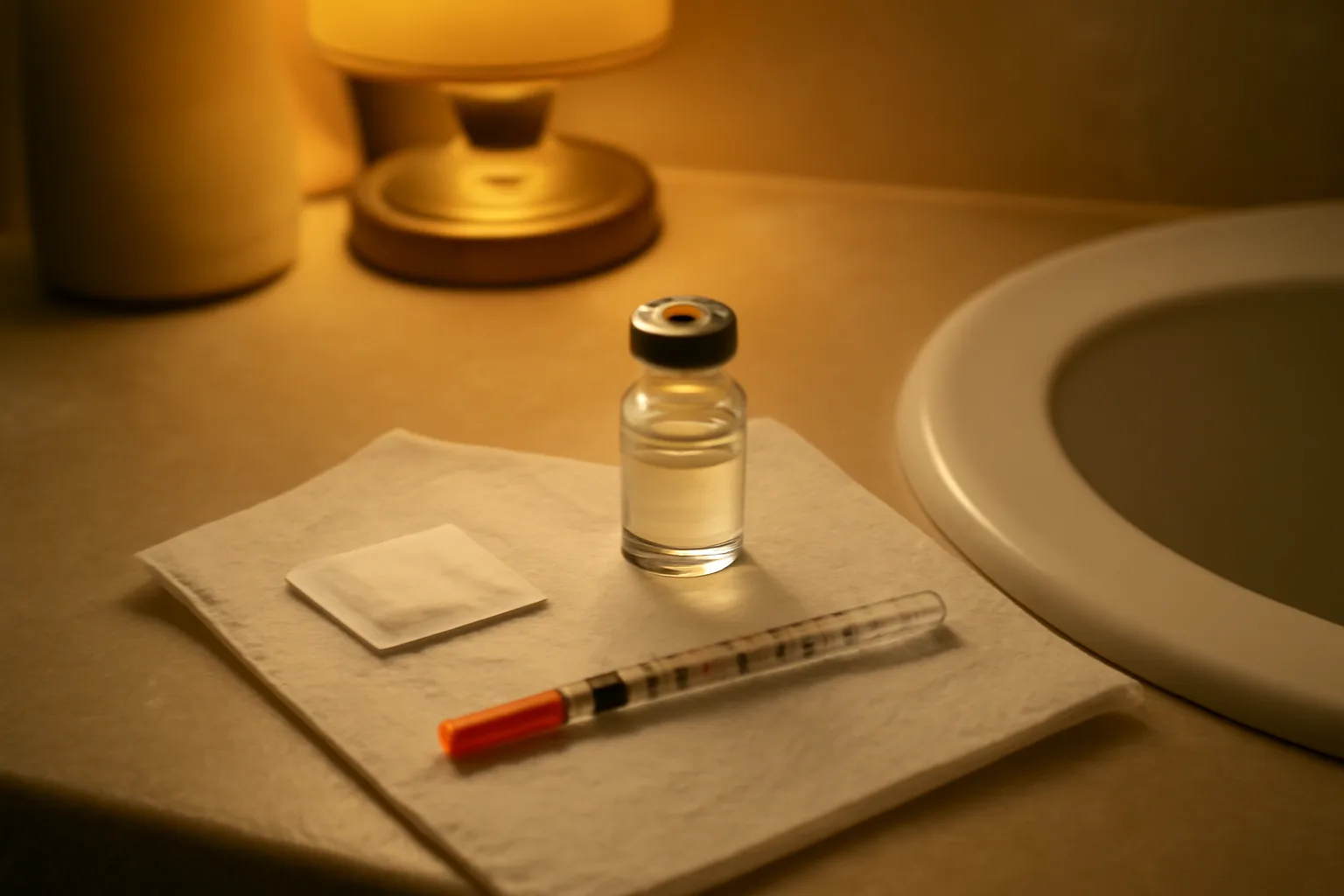 Vial, syringe, and alcohol swab arranged for a DSIP peptide injection at night