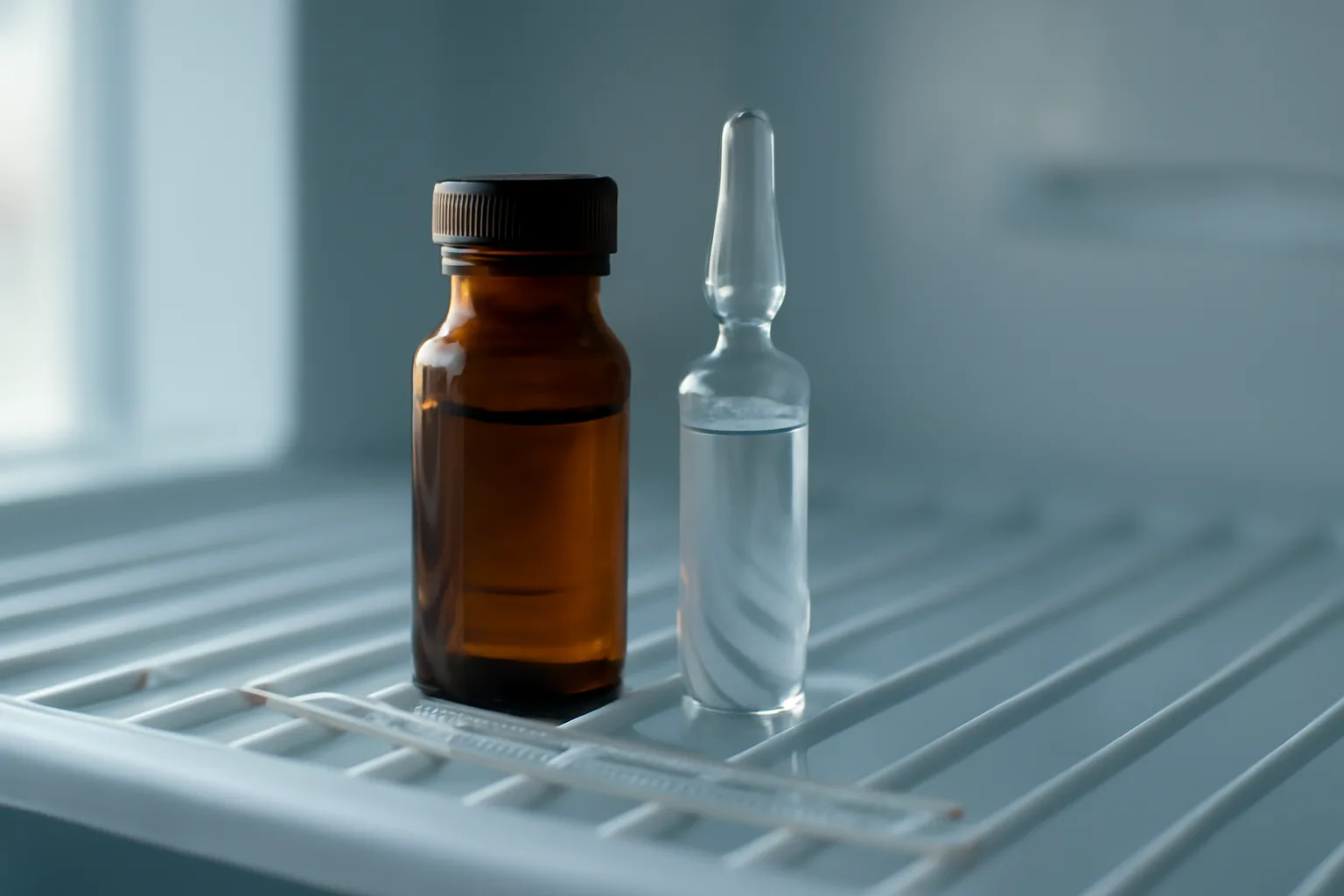 Amber glass peptide vial stored on a refrigerator shelf next to a thermometer
