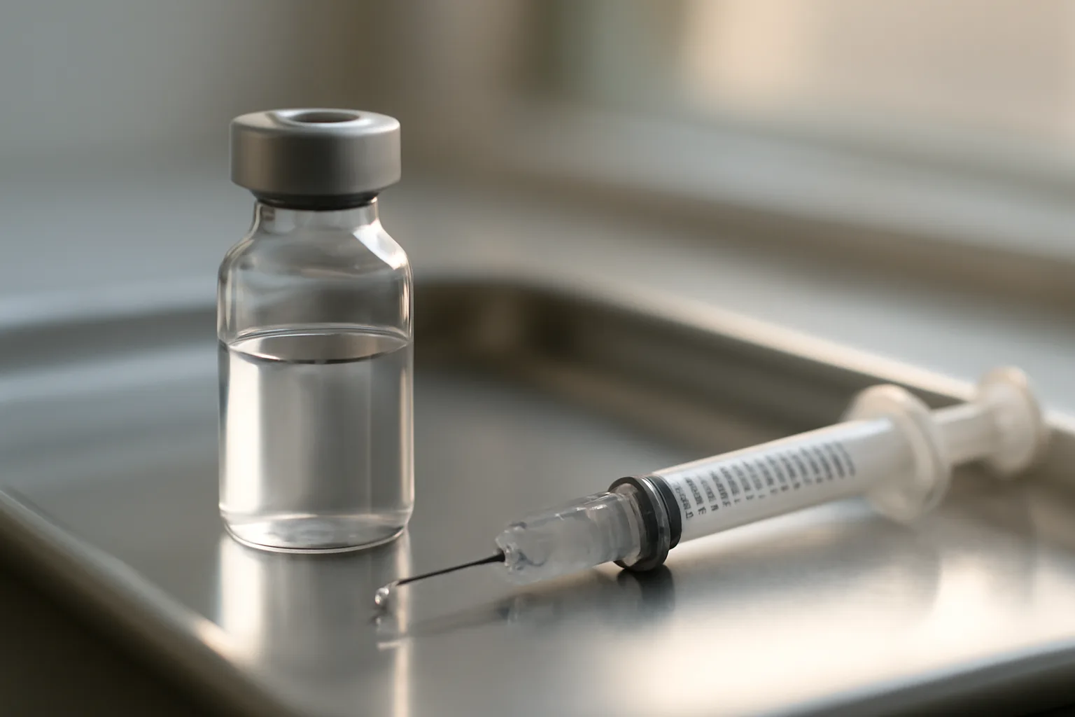 Glass vial and syringe on a steel tray during peptide reconstitution process