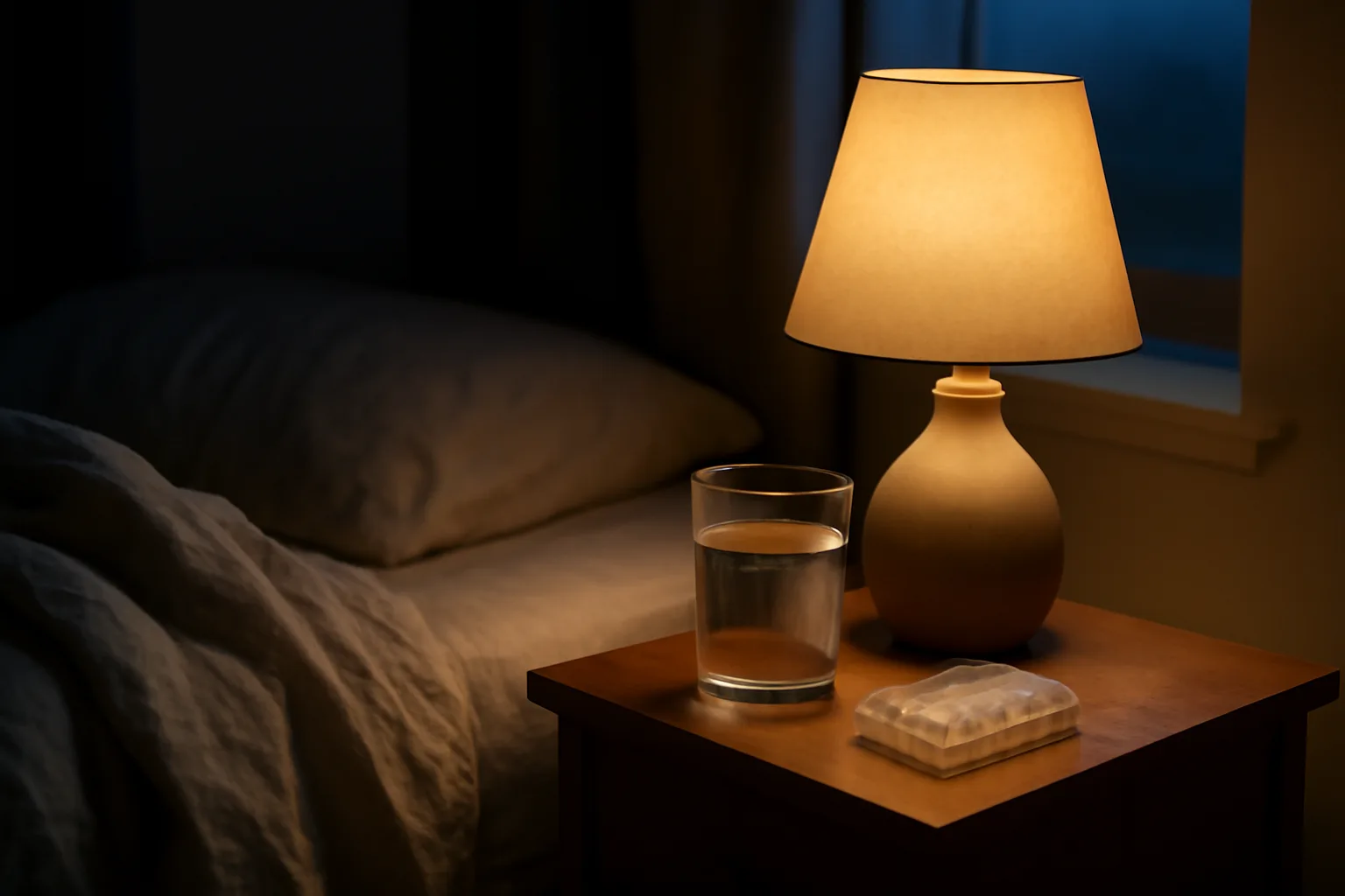 Dim bedroom nightstand scene representing search for DSIP alternatives for sleep