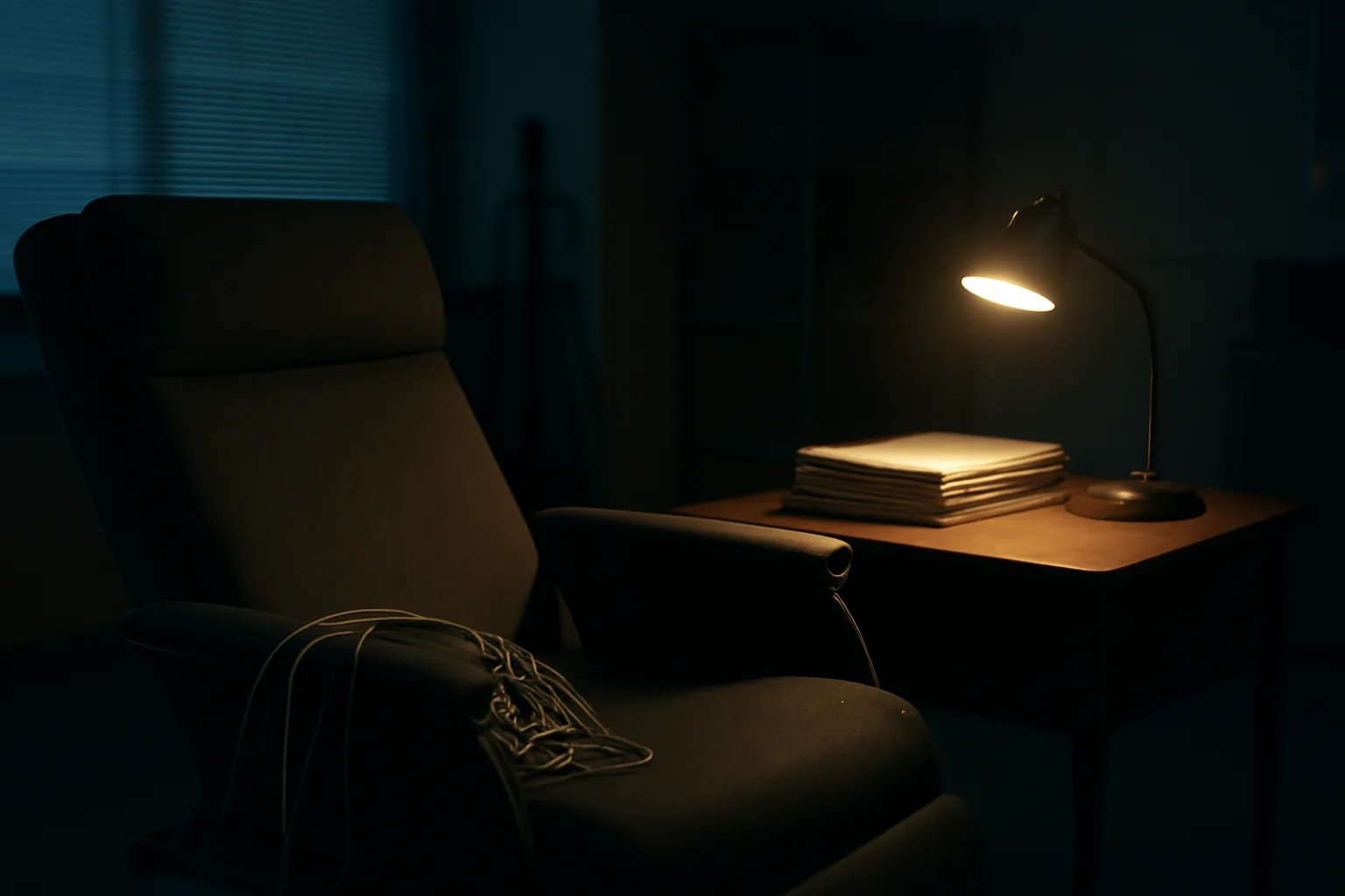Empty vintage sleep lab chair with EEG wires representing old DSIP clinical trials