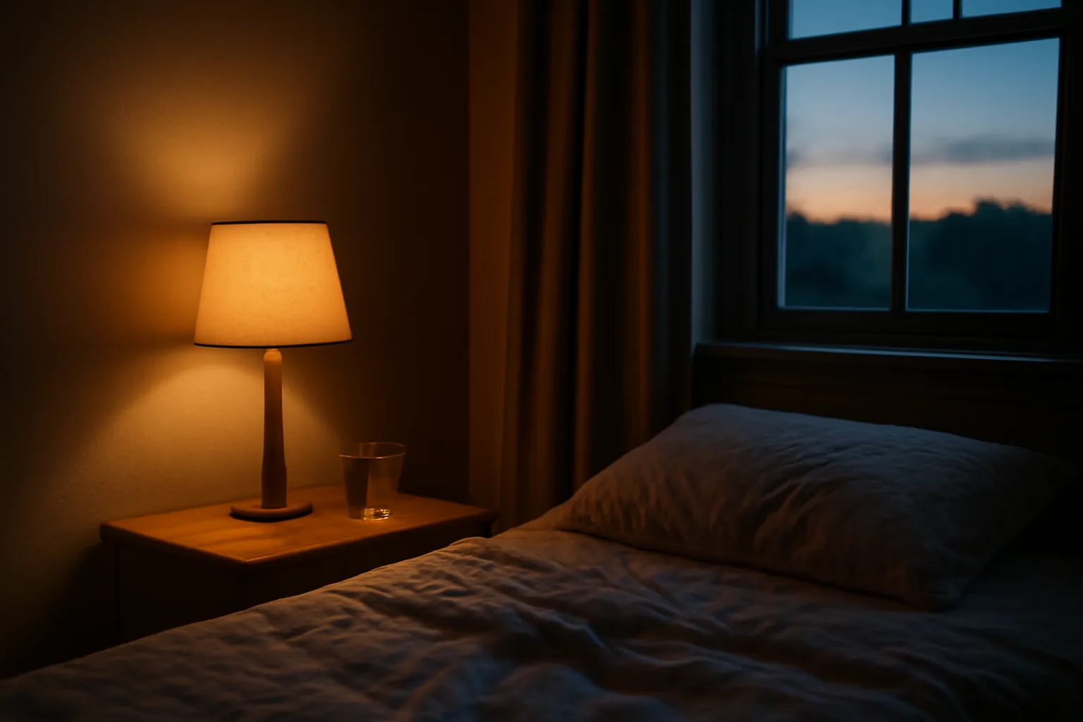 Dimly lit bedroom nightstand scene representing research into DSIP for sleep