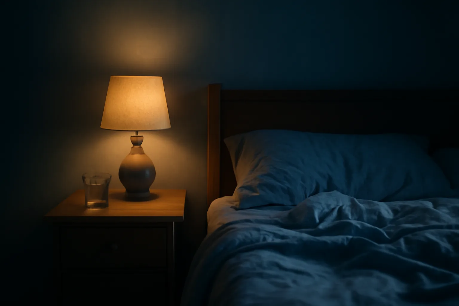 Dim bedroom nightstand scene evoking sleep research and DSIP peptide questions