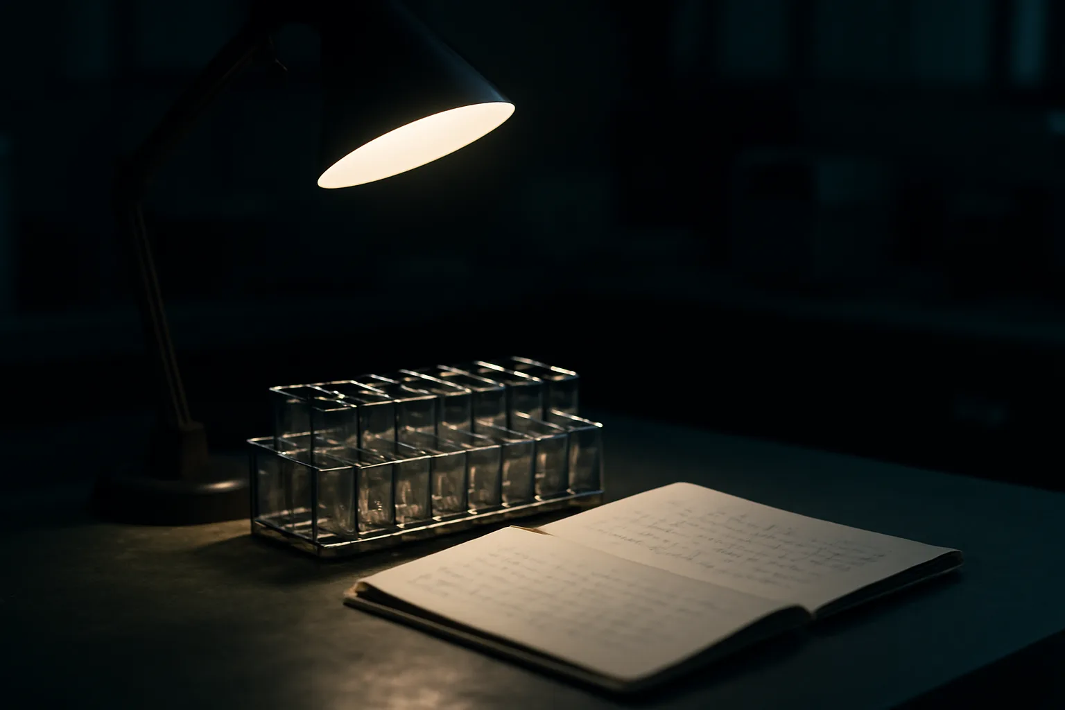 Lab bench at night with vials under lamp light, evoking DSIP research history