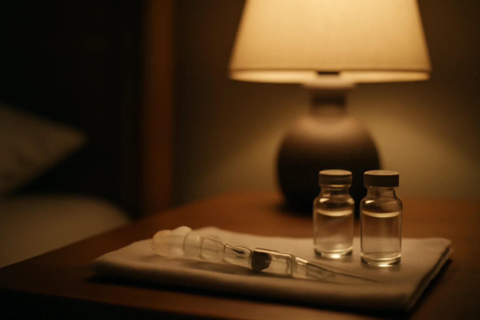 Two unlabeled peptide vials and a syringe on a nightstand at night