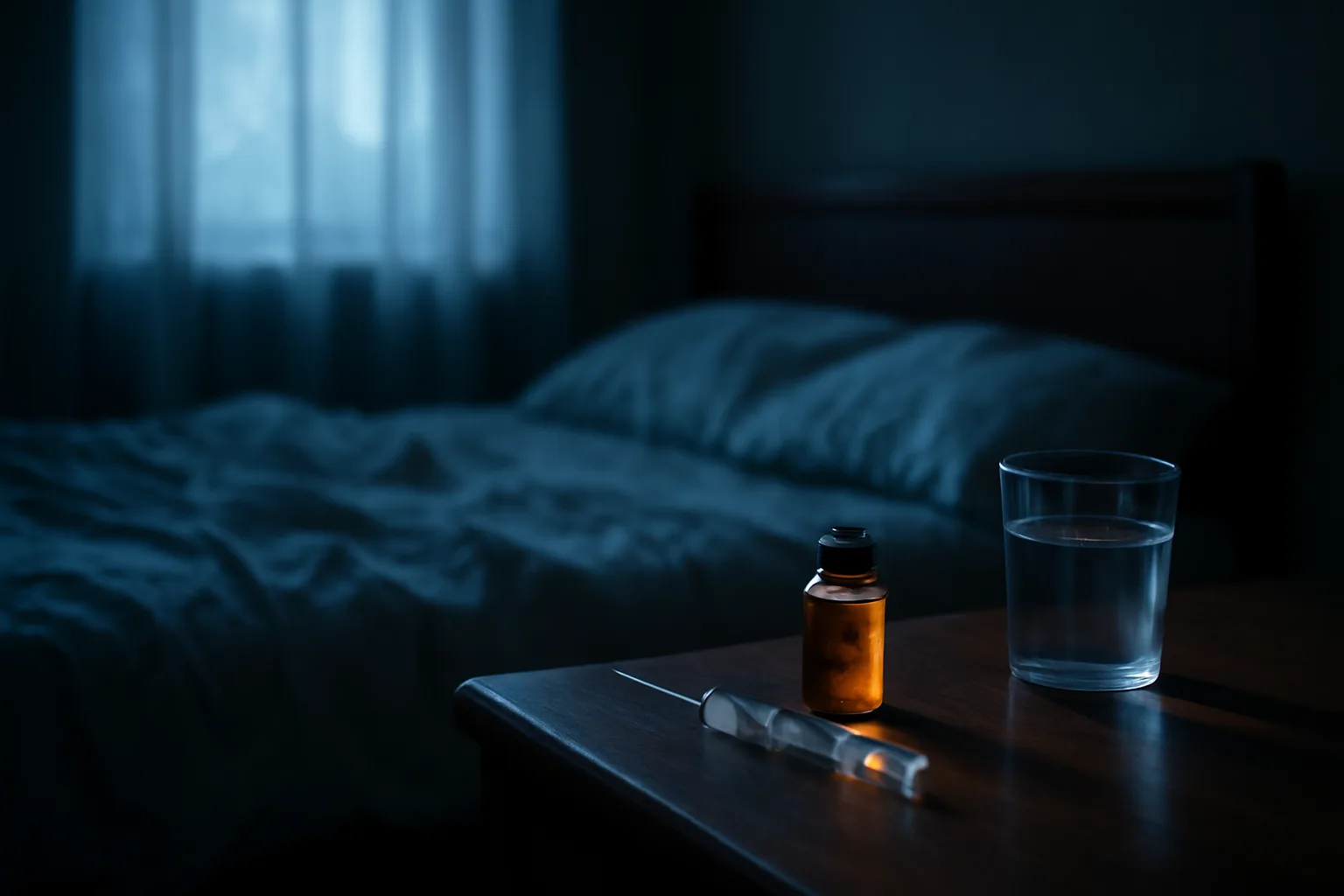 Bedroom nightstand at night with a vial and syringe near a glass of water, evoking DSIP peptide research use