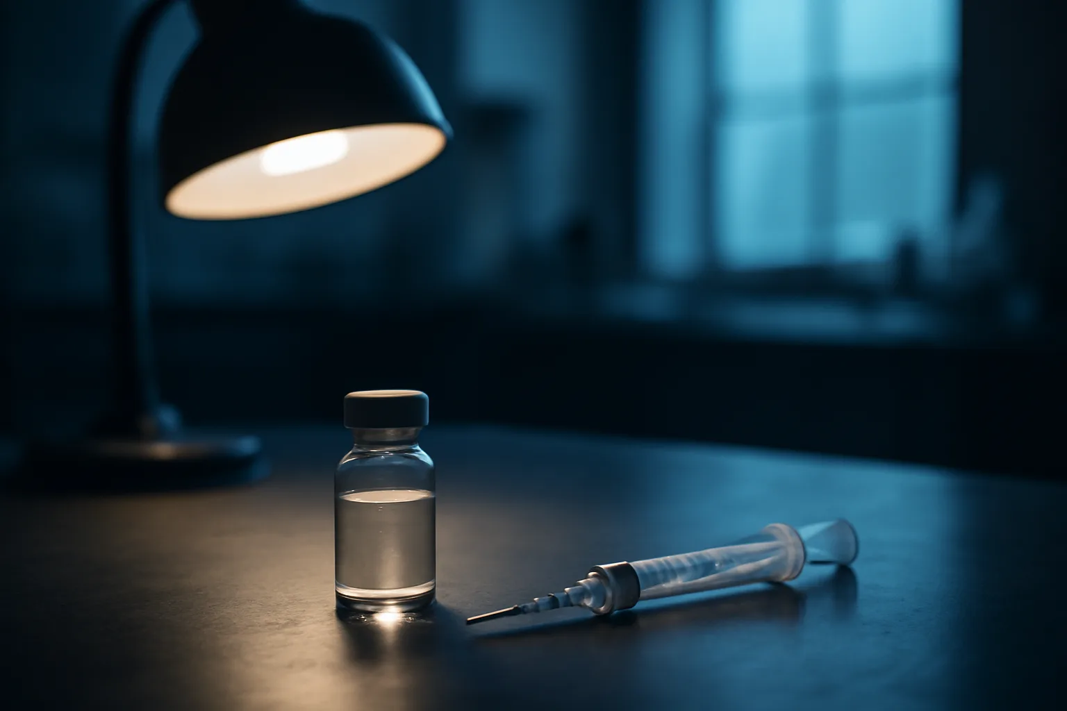 Glass vial and syringe under lamp light representing DSIP peptide research setting