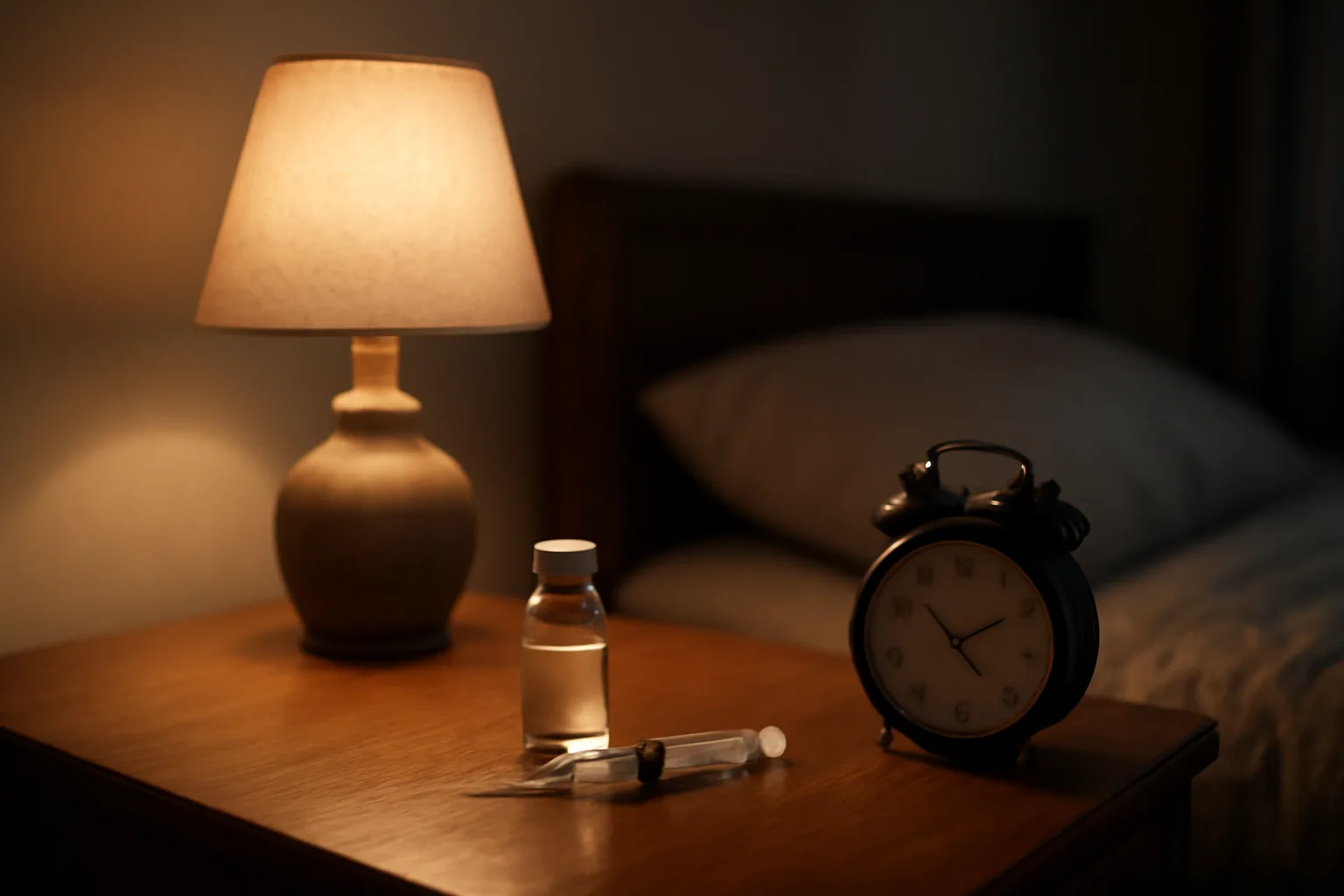 Bedside nightstand at night showing how long DSIP takes to work before sleep