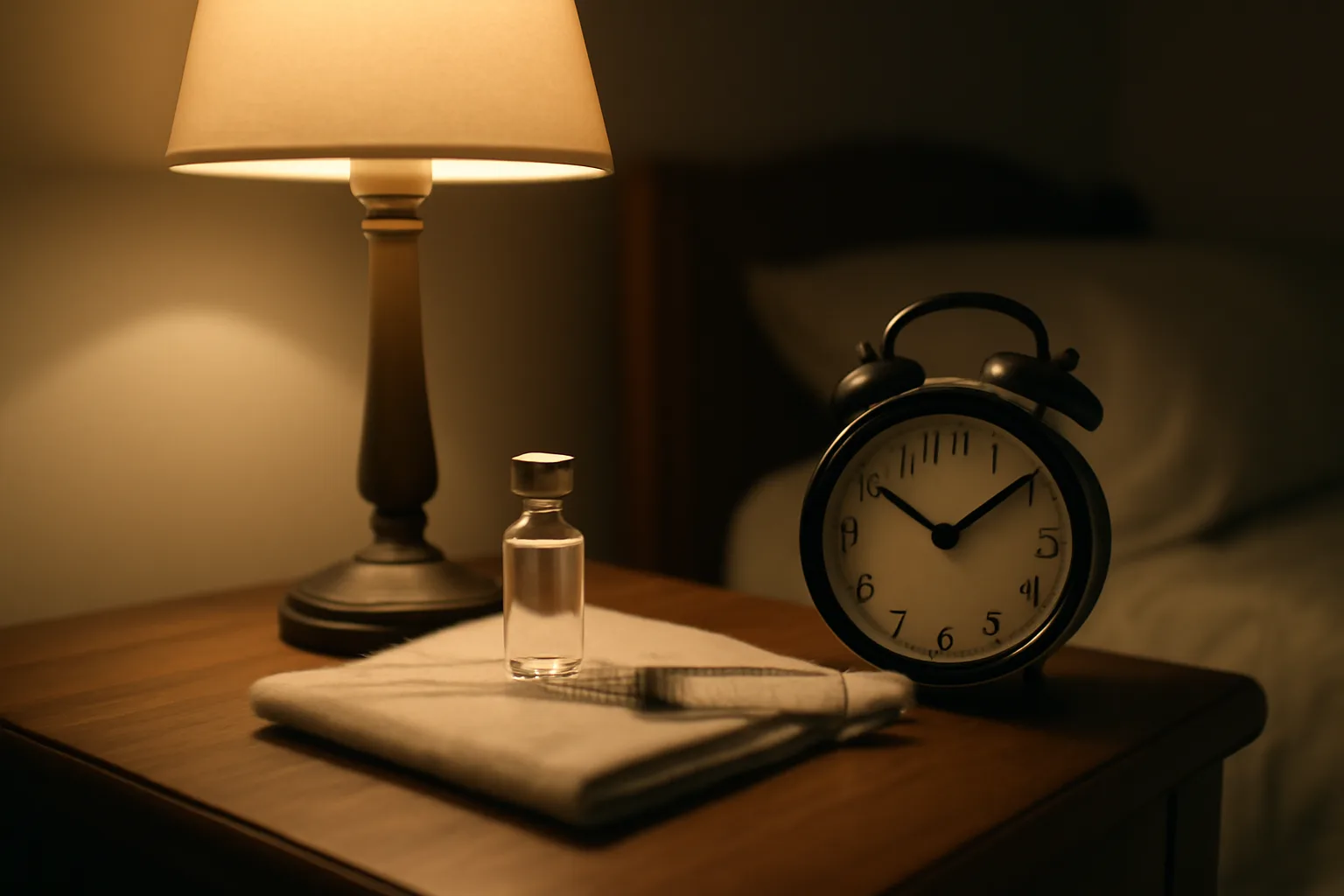 Nightstand scene showing vial and syringe setup relevant to how to take DSIP peptide