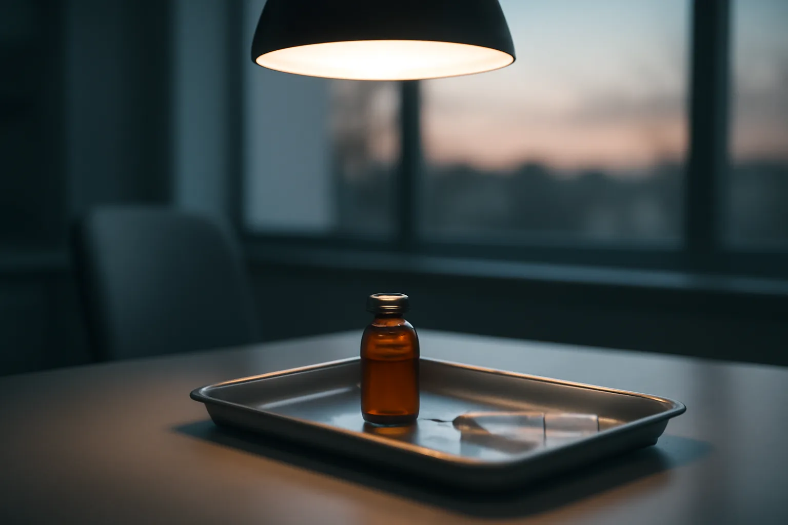 Amber vial and syringe on steel tray under lamp, evoking DSIP research context