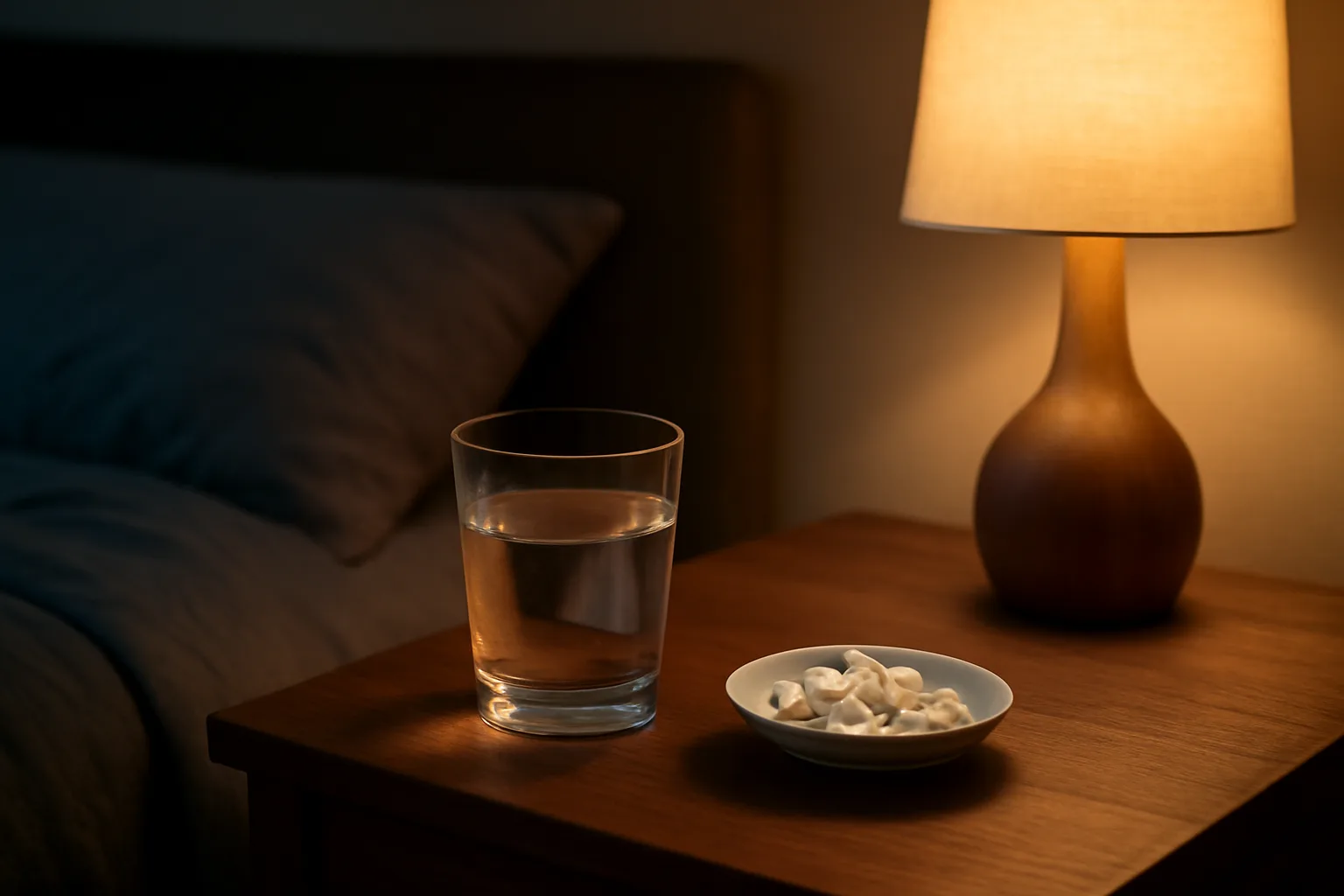 Nightstand with supplement capsules and water glass representing natural alternatives to DSIP