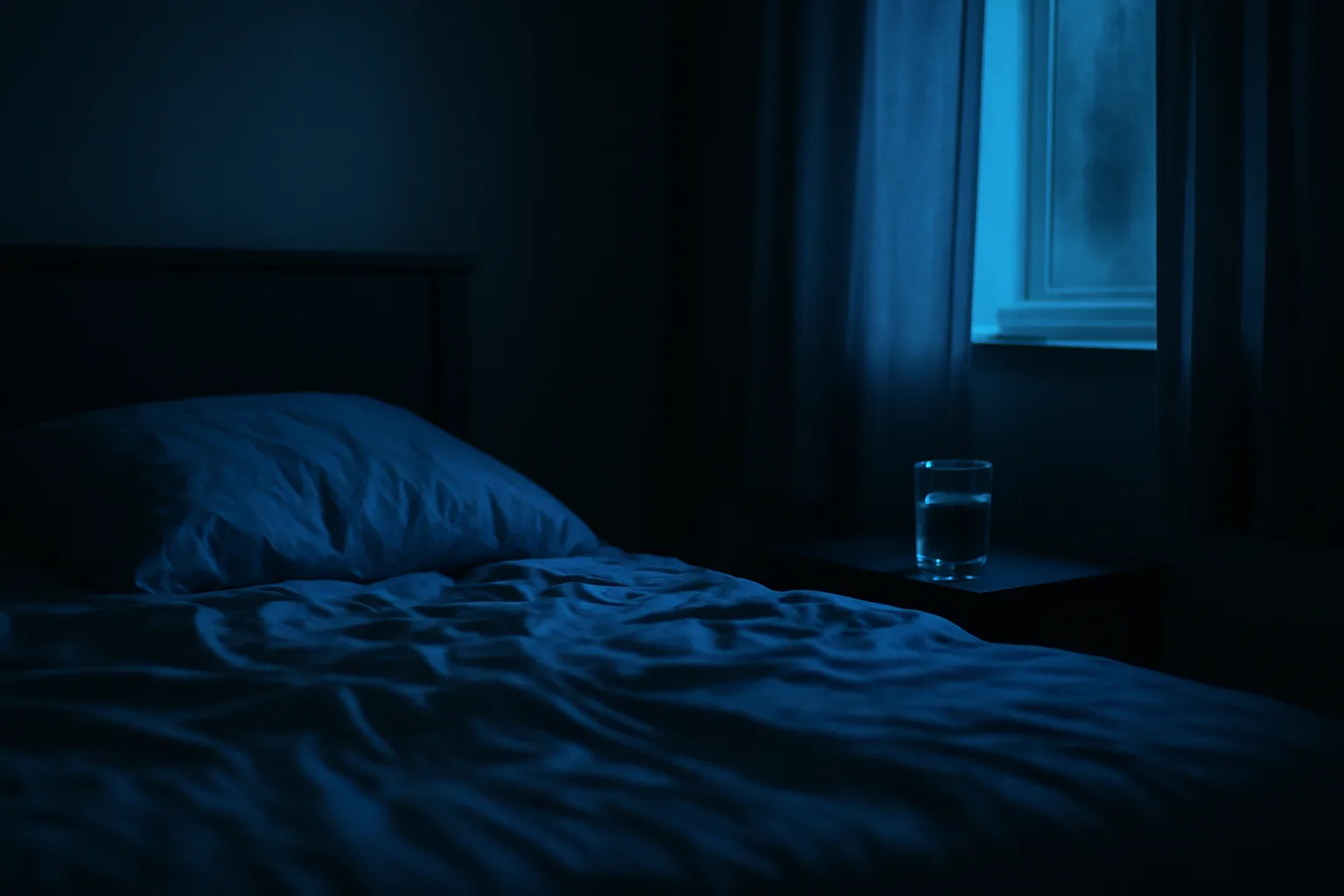 Dark quiet bedroom at night representing the sleep research context around DSIP
