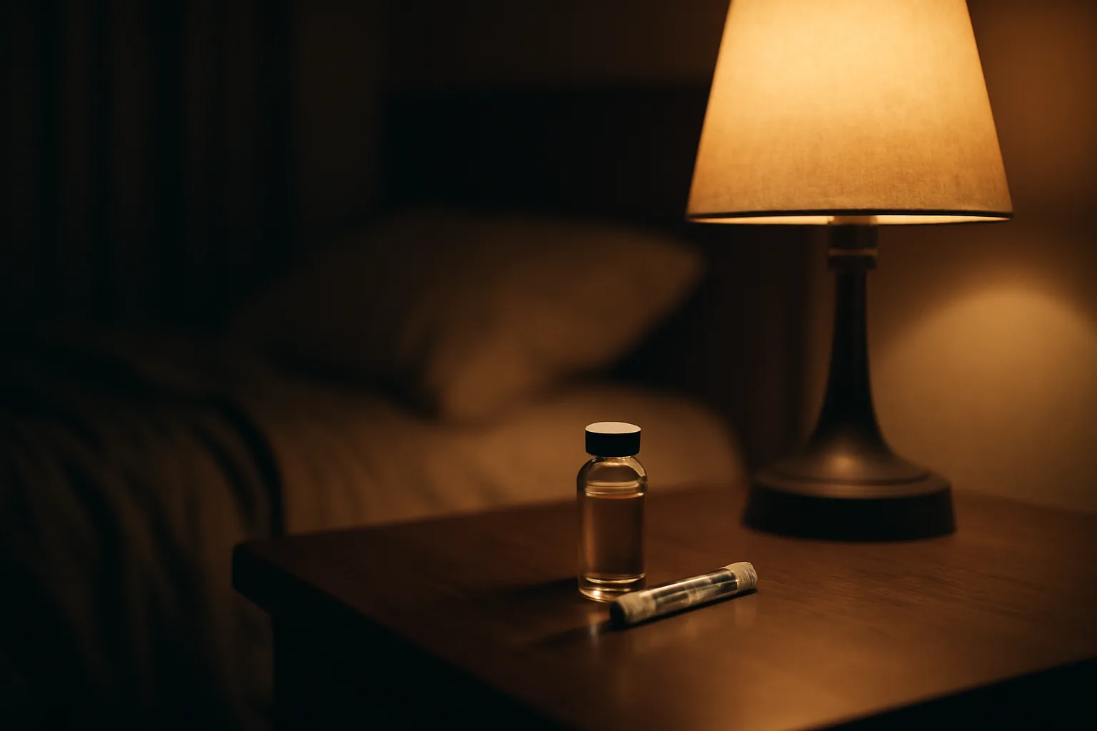 Vial and syringe on a nightstand at night, illustrating common DSIP mistakes