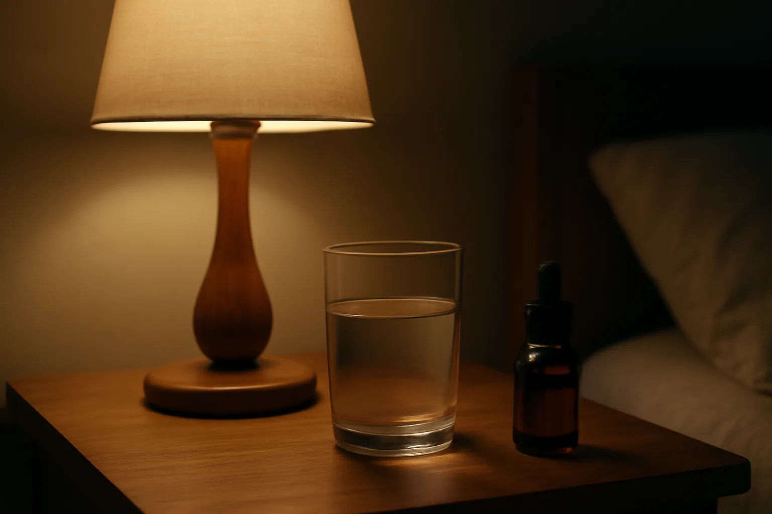 Nightstand scene at night representing DSIP drug interactions and sleep medication caution