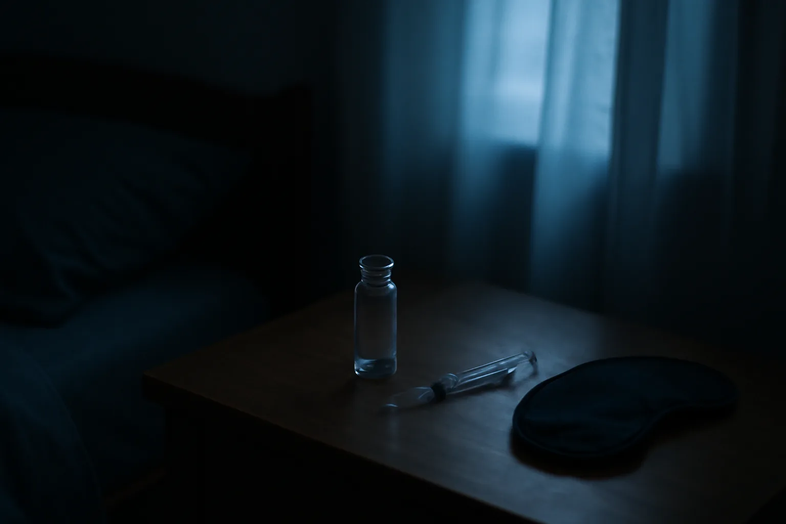 Bedroom nightstand at dawn with vial and syringe, evoking DSIP long term side effects research
