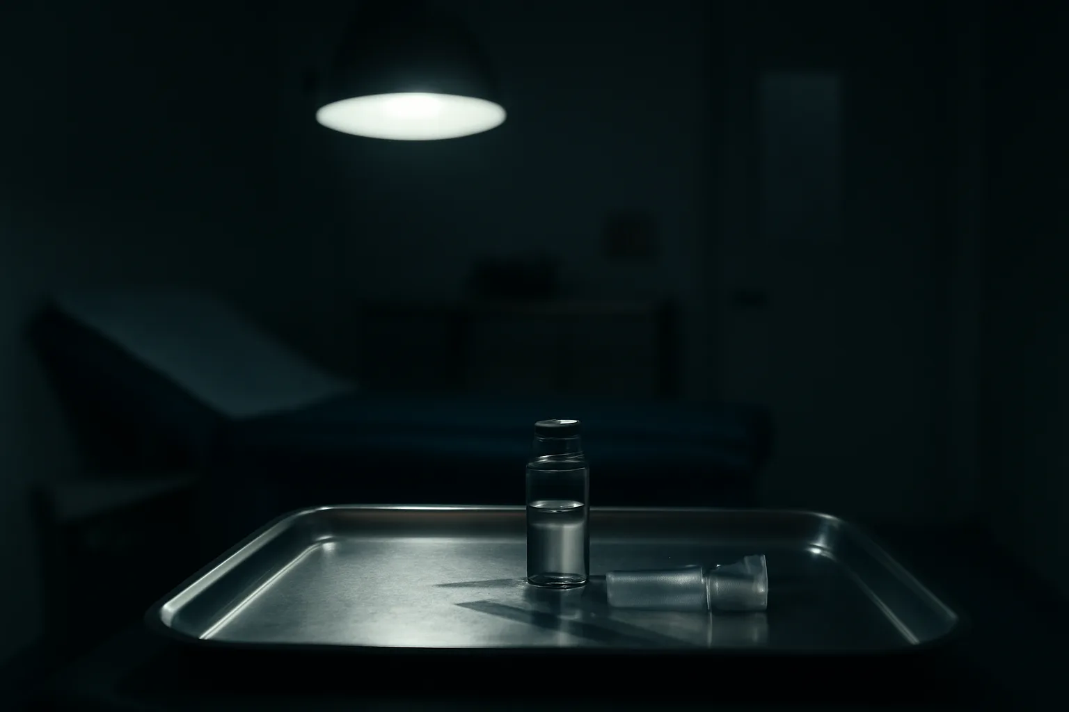 Empty vial and syringe on a steel tray in a dim clinical room, representing DSIP overdose and toxicity questions