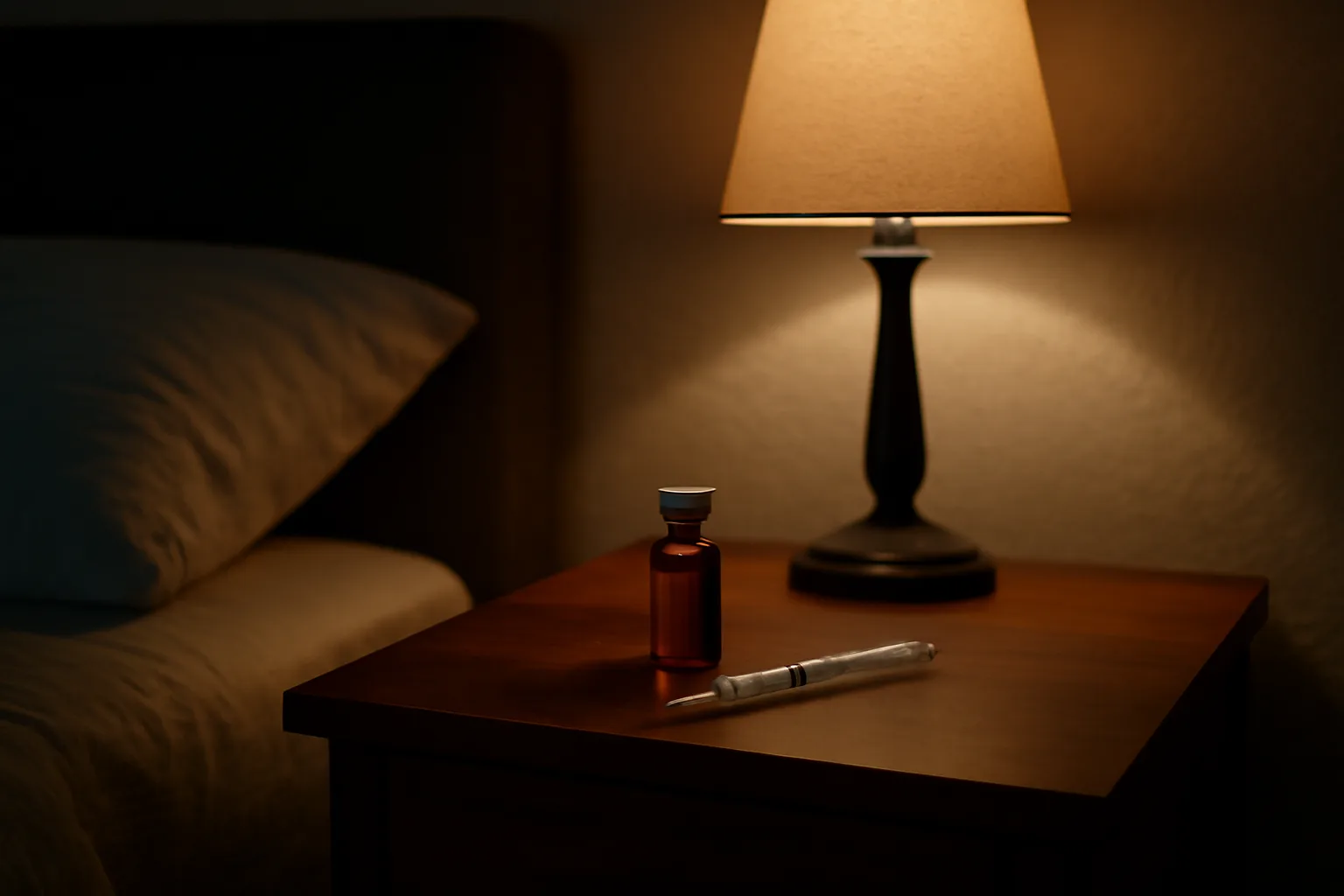 Vial and syringe on a nightstand representing DSIP peptide side effects research