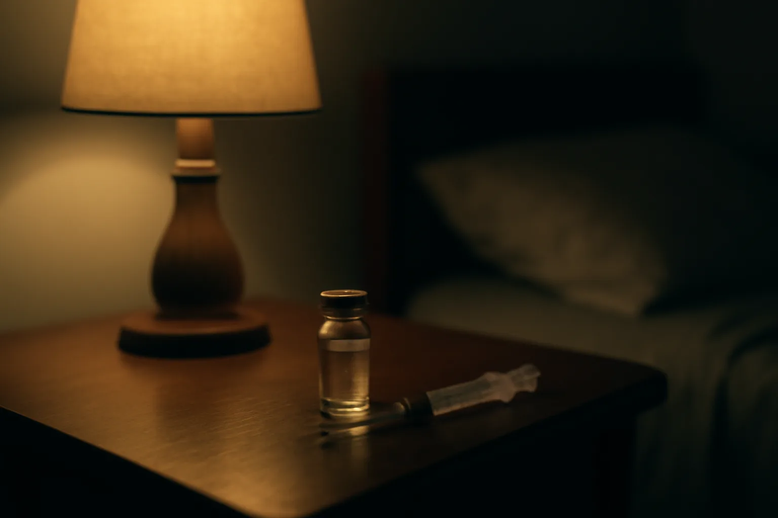 Vial and syringe on a nightstand in dim bedroom light, evoking DSIP safety questions