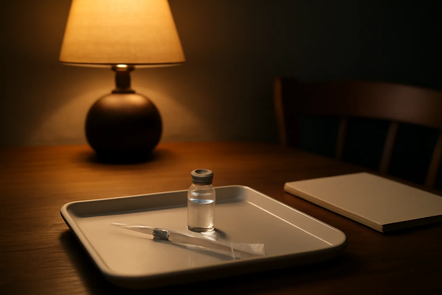 Glass vial and syringe on a tray under lamp light at night