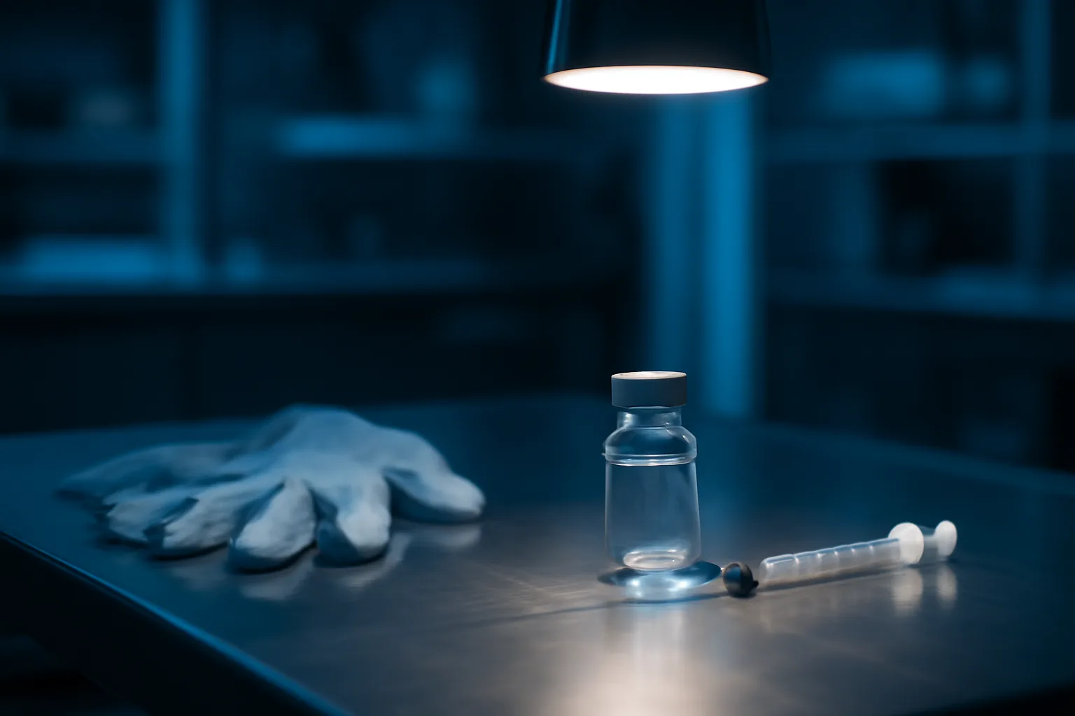 Compounding pharmacy bench with vial and syringe under lamp light