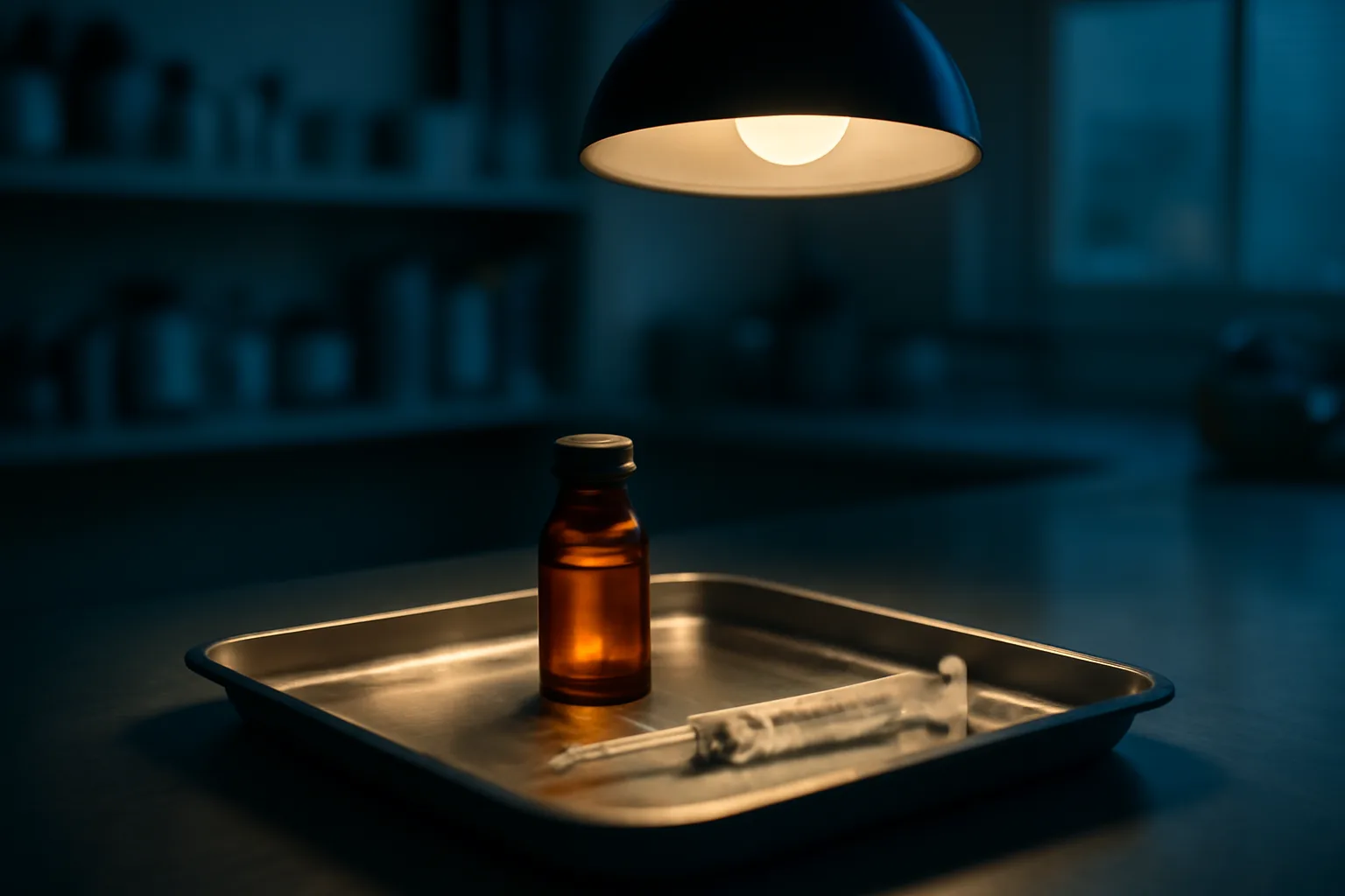 Vial and syringe on a steel tray under lamp light in a pharmacy setting