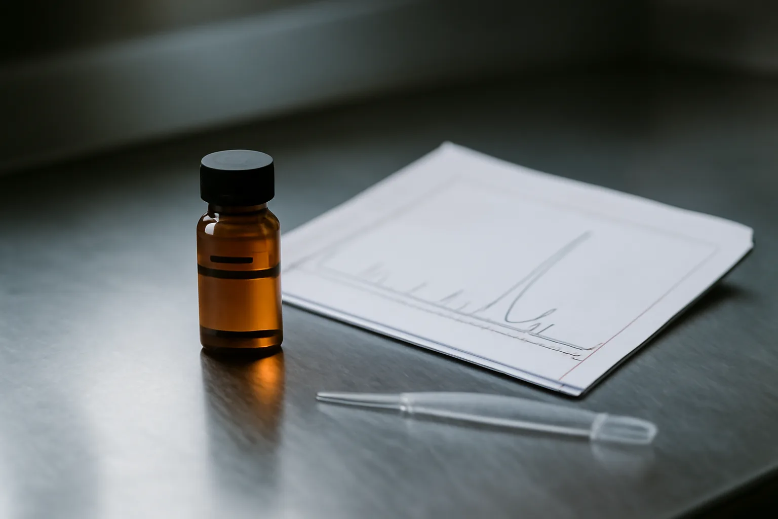 Vial and chromatogram printout on a lab bench, representing DSIP purity and testing