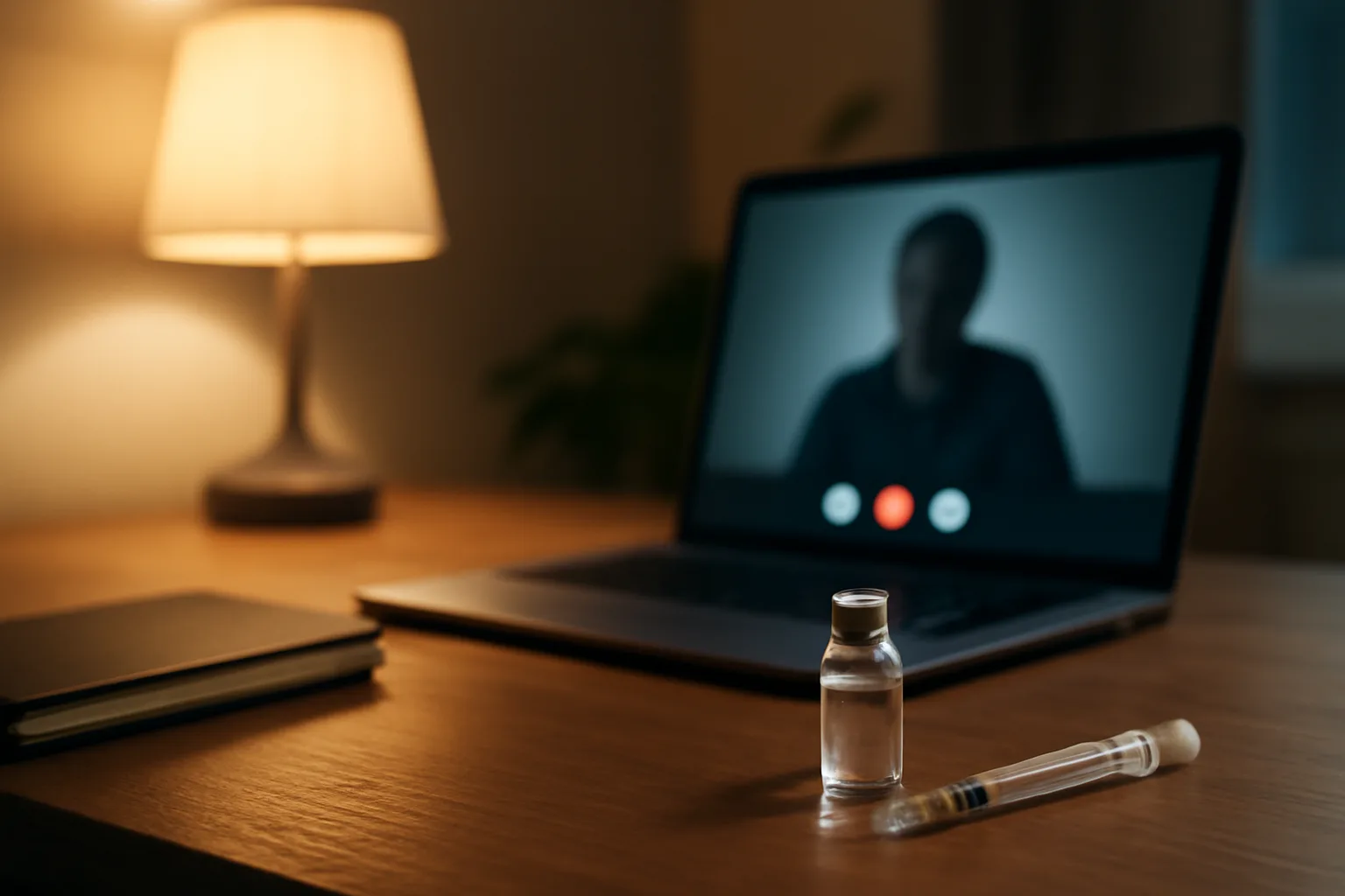 Home desk at night with laptop video call glow and unlabeled vial, illustrating DSIP telehealth options