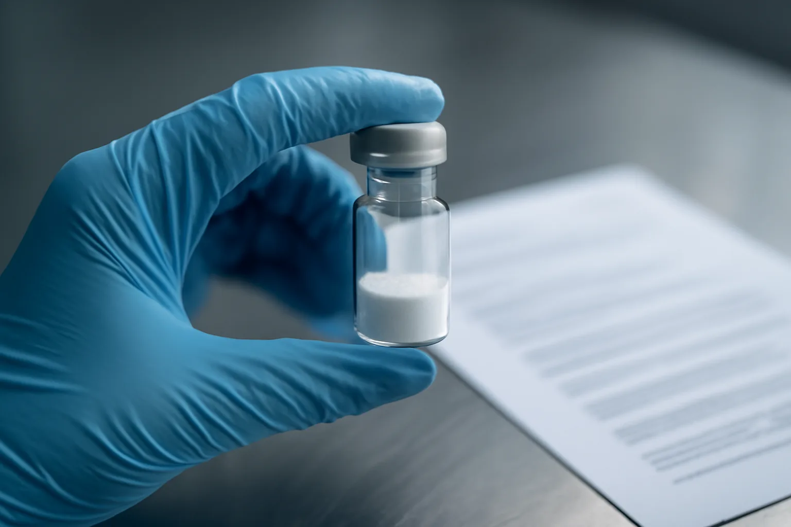 Gloved hand inspecting a lyophilized peptide vial beside a lab analysis report