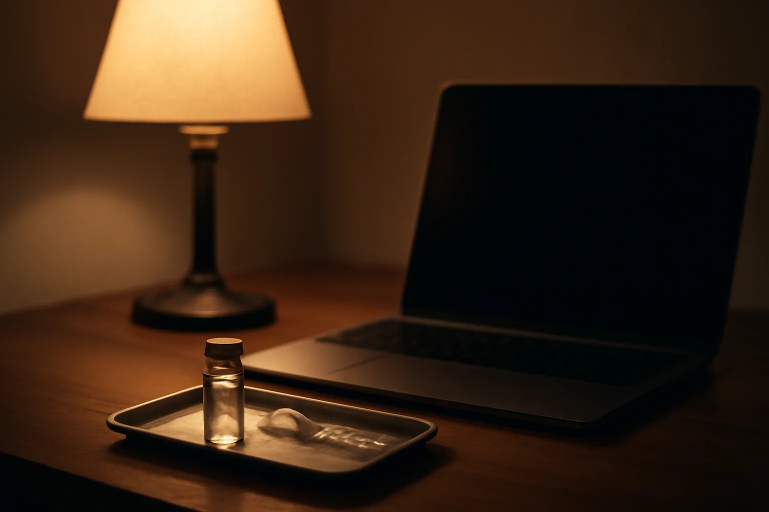 Unlabeled vial and syringe on a desk at night, representing buying dsip legally